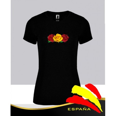 Camiseta Negra Mujer Manga Corta Flores Bandera